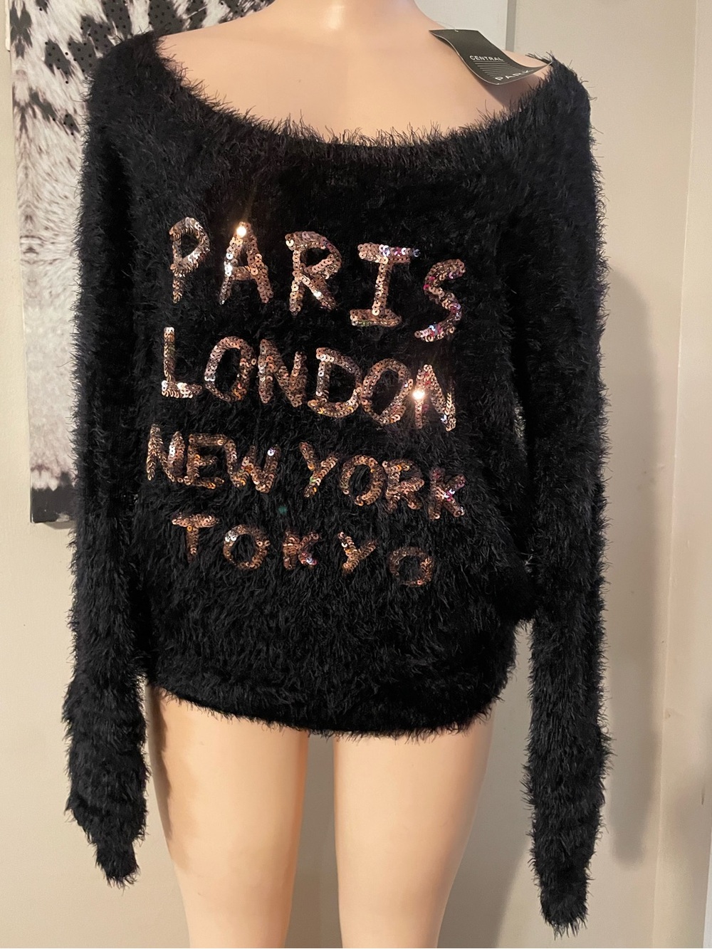 Vintage Central Park Fuzzy soft off shoulder black sequin sweater top fur Paris